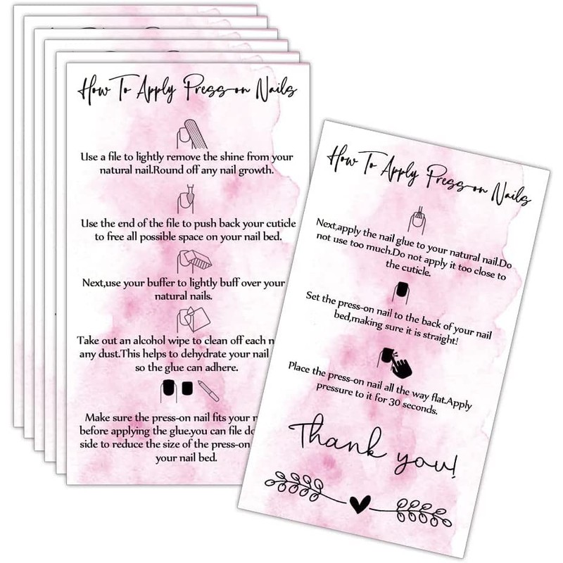 Press-On Nail Application Instructions Cards, Aftercare Instructions Cards, 50 Pack