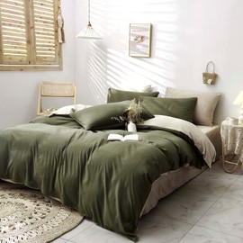 Damier Bed Linen 135 x 200 cm Green Olive Green Beige Reversible Bed Linen Set 2-Piece Super Soft Microfibre Duvet Cover with Concealed Zip and Pillowcase 80 x 80 cm