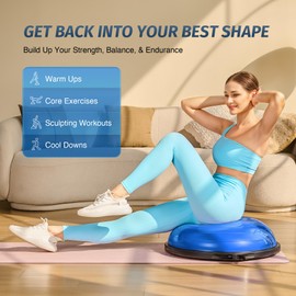 ZELUS ZELUS 25in. Balance Ball | 600lb Inflatable Half Exercise Ball Wobble Board Balance Trainer w Nonslip Base | Half Yoga Ball Strength Training Equipment w 2 Bands, Pump, Extra Ball Included (Blue)