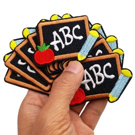 2.6"x1.8" 12pcs Black to School ABC Black Board Patch Iron On Embroidered Patches Appliques Machine Embroidery Needlecraft Clothes Accessory Sewing DIY