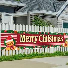 Christmas Gingerbread Outdoor Banner 78.7 x 17.7 Inch Red Striped Background with Cookie Santa Hat Candy Cane and Ornament Design Festive Holiday Decoration for Yard Garden Porch Fence or Patio Display