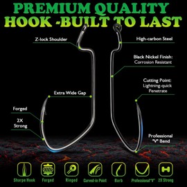 LUCKYFISHING Bass Fishing Hooks 50PCS Size 1# EWG Offset Texas Rig Worm Hooks for Freshwater Saltwater Bass Fishing