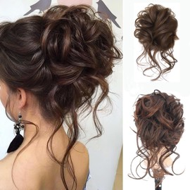 WEZCHUGHAOL Curly Hair Buns, Messy Bun Hair Piece Tousled Updo Hairpiece, Women Wavy Curly Scrunchies Clip, Curly wavy bun hair piece Daily Wear (Light Brown)