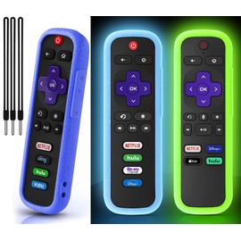 3Pack Case for Roku Remote, Remote Cover for Roku Voice Remote/Hisense/TCL Roku TV Steaming Stick, Silicone Universal Protective Controller Sleeve for Roku TV Remote with Lanyards Glow Green Blue