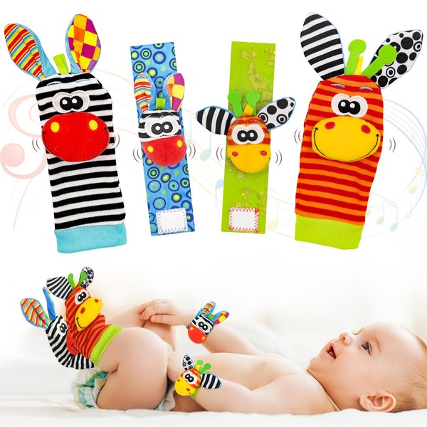 Obidodi 4 Pcs Baby Rattle Socks Toys Set, Infant Toy Socks, Baby Wrist Rattle, Cute Baby Animal Development Toy Gift with Wrist Rattle Toys for Babies 0-6 Months