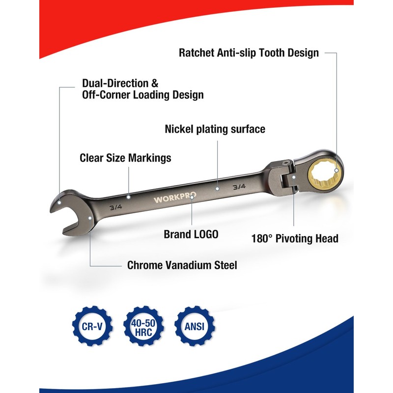WORKPRO 8-piece Flex-Head Ratcheting Combination Wrench Set, SAE 5/16-3/4 in,