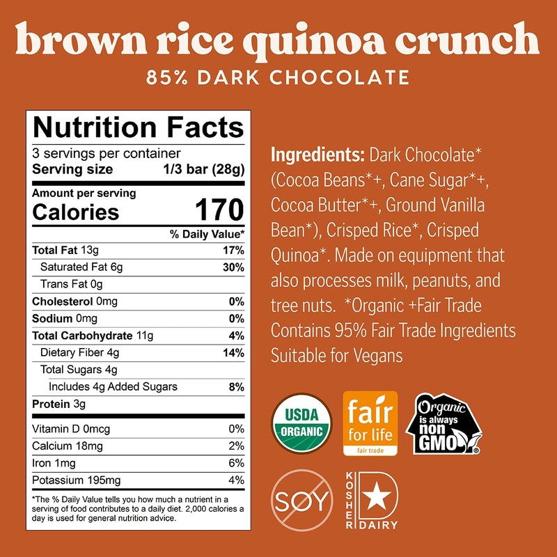 Theo Chocolate Brown Rice Quinoa Crunch Organic Dark Chocolate Bar,