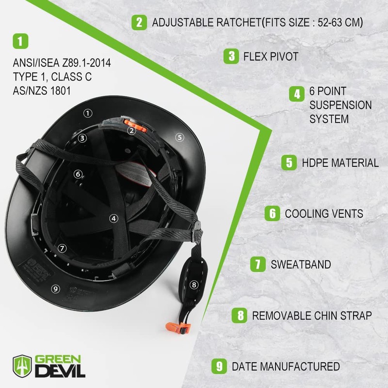 GREEN DEVIL Full Brim Hard Hat Vented Construction Helmet Cascos