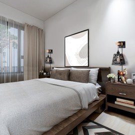 Sunnyin Plug in Wall Light,Rustic Bear Dimmable Wall Sconce,Farmhouse Matte Black Wall Sconces Set of Two,Wooden Metal Wall Mounted Lamp,Industrial Wall Lights for Bedroom,Living Room,Bedside,Hallway