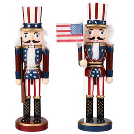 Garneck 2Pcs Patriotic Nutcracker Figurine 25cm American Soldier with Flag 9.8 Inch Wooden Independence Day Desktop Ornament 4th of July Party Decorations