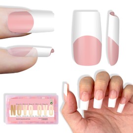 NOVO OVO Old School Wide White French Tip Nail Tips Press on, Medium Length Tapered Square BABY PINK, Extra Thick Soft Gel Fake Acrylic Extension, Need Builder Gel, Top Coat, Glue 15 Sizes 240 pcs
