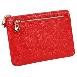 Women's Genuine Leather Coin Purse Zipper Pocket Size Pouch Change Wallet, Red