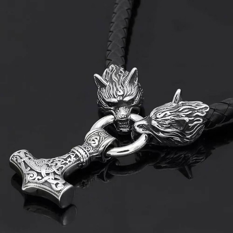 Viking Wolf Necklace with Thor's Hammer Pendant, Norse Mythology Theme,