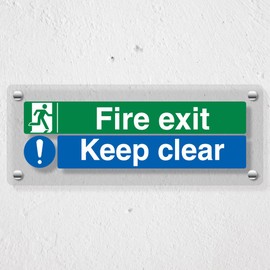 V Safety Fire Exit/Keep Clear - 300 x 100 mm - Acrylic Perspex Cast Clear Safety Sign