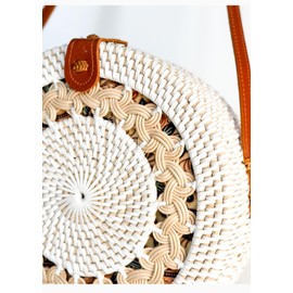 Utama Balinese Round Rattan Bag for Women - Handmade Straw Bags - Wicker Purse - White Brown Circle Crossbody Boho Bags