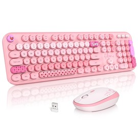 Wireless Keyboard and Mouse Combo, MOWUX Full Size Typewriter Retro Round Computer Keyboard, Cute Optical Mouse Wireless, Plug and Play, for Laptop, PC, Computer- Pink Heart