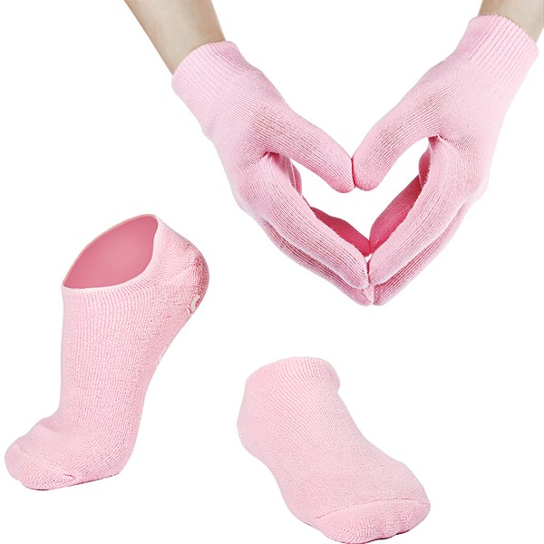 Bememo Soft Cotton Gel Moisturizing Spa Gloves and Socks for Cracked Dry Skin for Both Women and Men (Pink)