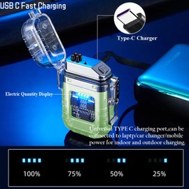 COMANYI Electric Plasma Arc Lighter, Waterproof, Transparent, LED Battery Indication, Type C Rechargeable, Windproof, Green Luminous