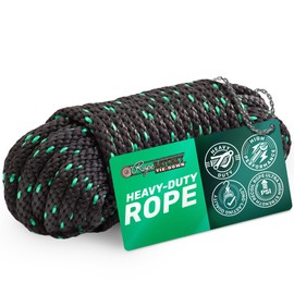 Rope Ratchet 1/2" 50 ft Solid Braided Polypropylene Rope, Heavy Duty, Weatherproof Utility Cord for Camping, Tie Down, Pulling, Securing, Knot Tying, Indoor & Outdoor Use - Black with Green Tracers