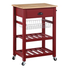 OSP Home Furnishings Hampton Kitchen Cart with Wood Top, Utensil Drawer, Under Cabinet Basket, and 2 Slatted Shelves, Red Base