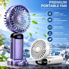 Portable Rechargeable Fan for Personal Cooling – 5-Speed Foldable Fan with 1800mAh Battery & Digital Display for Travel