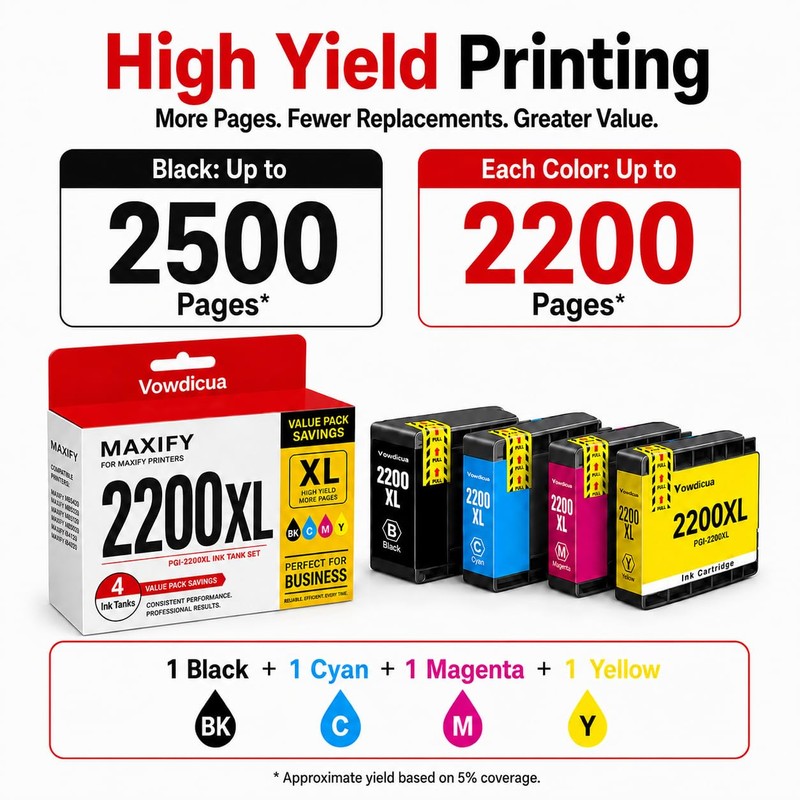PGI-2200XL Ink Cartridge 4-Pack High Yield Replacement for Canon MAXIFY