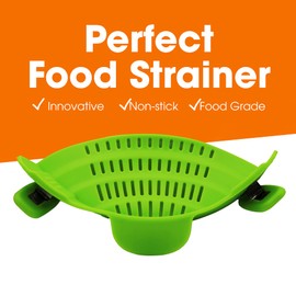 Cheer Collection Silicone Clip on Pot Strainer, Heat-resistant Snap-On Strainer for Pasta, Noodles, Rice, Meats and Vegetables, Green
