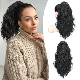 YEAME Ponytail Extension, 14 Inch Short Claw Clip in Wavy Ponytail Extension Soft Curly Wavy Multi Layered Fluffy Clip in Pony Tails Synthetic Hairpiece for Women Natural Black