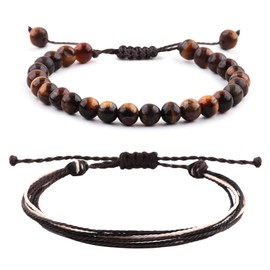 Tiger Eye Bracelet Set - Natural Stone Beads, Adjustable Waterproof Rope Bracelets for Men & Women, Perfect Gift for Chakra Healing and Spirituality