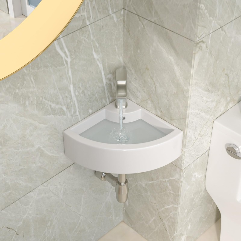 Lordear Wall Mount Corner Bathroom Sink 18 Inch White Ceramic