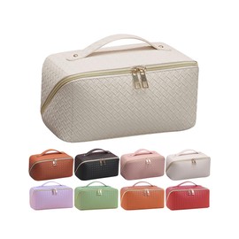 Large Capacity Travel Cosmetic Bag for Women,Portable Makeup Bag,Open Flat Toiletry Bag,Toiletry Make Up Brush Storage Bag,Waterproof Leathe,with Handle(B-White)