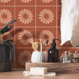 Boho Art Peel and Stick Vinyl Tile Stickers, Self-Adhesive Wall Tile Decals, Waterproof Backsplash Stickers for Kitchen Bathroom Decor, Rust Floral, 6x6inch/15x15cm, 10Pcs