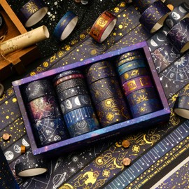 20 Rolls Washi Tape Set "Starry Night" Paper Tape, Versatile Masking Tape Set with Glitter and Vintage Motifs, Ideal for Scrapbooking, Journaling & Decoration, Practical Organiser Box Washi Tape