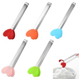 Heart-Shaped Mini Kitchen Tongs 5 Pack, Stainless Steel Small Tongs for Ice Cubes, Fruits, Candy, BBQ, Salad - Cooking, Baking & Serving Utensils (4.53Inch)