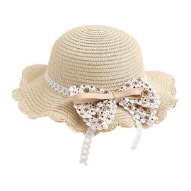 Girls Sweet Lace Bowknot Summer Sunblock Straw Hat with Crossbody Bag Wide Brim Outdoor Beach Sun Protection Bucket Hat