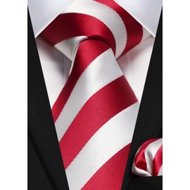 HISDERN Red & White Ties for Men Striped Tie and Pocket Square Set Formal Classic Elegant Necktie & Handkerchief for Business Wedding Party