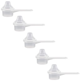 Plastic Measuring Scoop with Funnel, The Scoopie (5 cc | 1 Teaspoon | 5 mL) Measuring Spoons for Powders, Coffee, Pet Food, Protein, Spices and Other Dry Goods (Pack of 5, Opaque, No Cap)