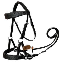 AMAZING HORSE STUFF Sidepull Bitless Bridle with Designer Hand Carving On Brow & Noseband Curved Shaped Black (Full, Cob, Pony) (Cob)