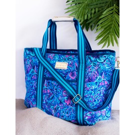 Lilly Pulitzer Blue Picnic and Beach Cooler, Insulated Bag with Adjustable Shoulder Strap and Zipper, Large Soft Cooler for Groceries or Travel, Shells N Bells