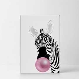 Smile Art Design Zebra Animal Bubble Gum Art Pink CANVAS PRINT Black and White Wall Art Home Decoration Pop Art Living Room Kids Room Decor Nursery Ready to Hang-%100 Handmade in USA - 12x8