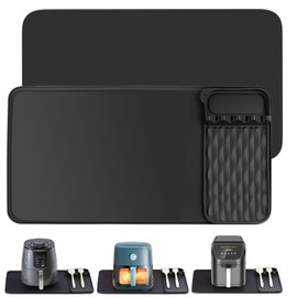 Silicone Heat Resistant Mat for Countertop, Air Fryer Mat with Cookware Holder, Kitchen Countertop Protector for Microwave/Oven, Hot Pad Compatible with Ninja/Cosori/Chefman (Black, 25.60''x15.16'')