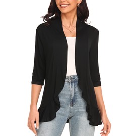 Argstar Lightweight Cardigans for Women, Open Front Casual Soft Draped Ruffles 3/4 Sleeve Black S
