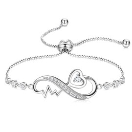 KRFY Bracelet 925 Sterling Silver Infinity Bracelet for Women Girls Endless Love Symbol Infinity Bracelet White Gold Plated Sparkle Cubic Zirconia Adjustable Bracelet Best for Mom