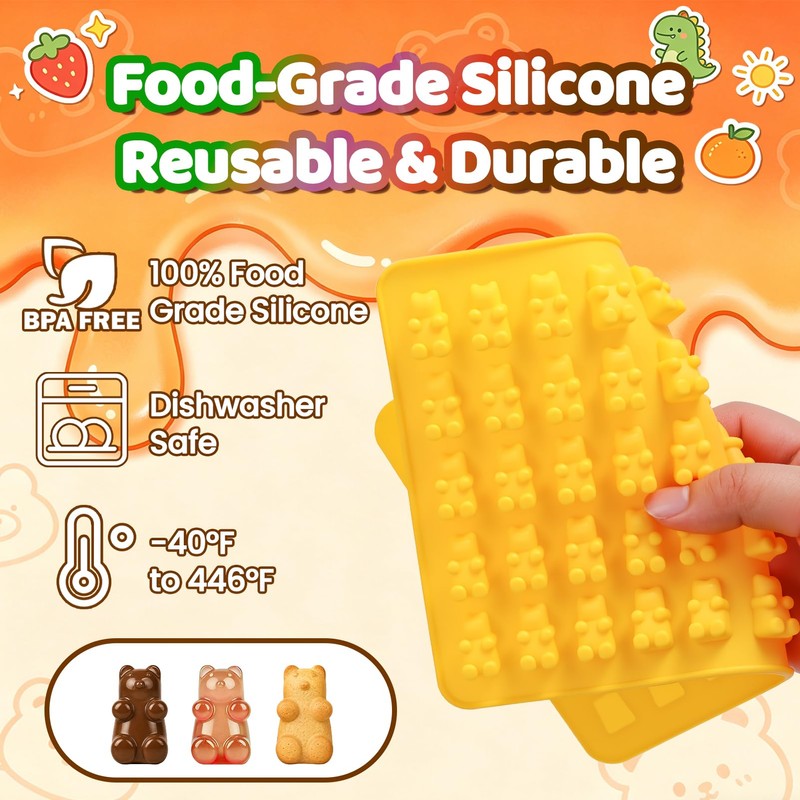 Gummy Candy Molds with 2pcs Droppers, Silicone Bear Dinosaur Fruit