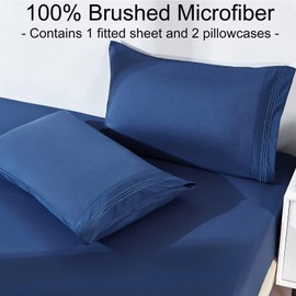 YIYEA Fitted Sheet with Pillowcase, 1800TC Hotel Quality Double Brushed Microfiber Deep Pocket Fitted Sheet Full Size, Ultra Soft Fitted Bottom Sheet, Shrinkage, Fade Resistant (Full, Navy)