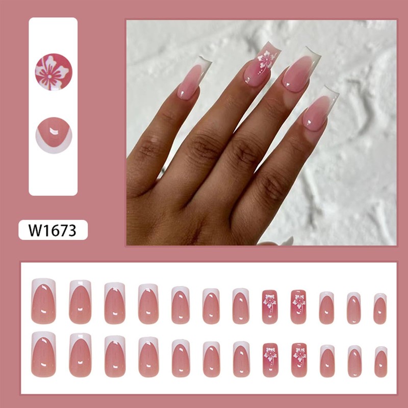 Press on Nails French Design Floral - Medium Square Shiny
