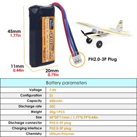 MOONZON 2PCS 7.4V 2S 400mAh 30C PH2.0-3P Plug Lipo Battery Compatible with UMX 2S Aircraft Glider Fixed Wing Drone Four Axis Aircraft