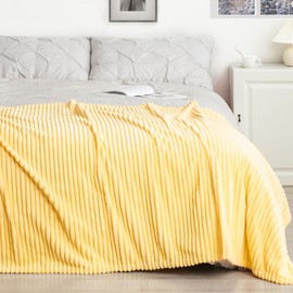 Vessia Flannel Fleece Throw Blanket for Couch,Sofa,Bed, 300GSM Striped Light Yellow Blanket Throw for Adults and Kids, Super Soft Warm Cozy Ribbed Pale Yellow Throw for All-Season(50x70inch)