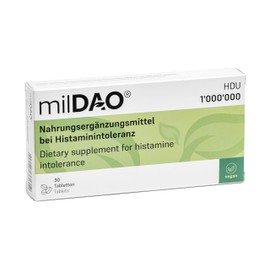 milDAO® - 30 tablets. 100% vegan dietary supplement for histamine intolerance. The purely plant-based alternative, 1,000,000 HDU, with catalase. With protective cover for DAO enzyme.