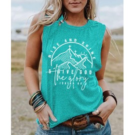 Hiking Tank Tops Women Funny Rise and Shine Give God The Glory T Shirts Summer Loose Fit Crew Neck Cotton Tops Christian Gift Blessed Tee Sleeveless Tank,Mint Green XL